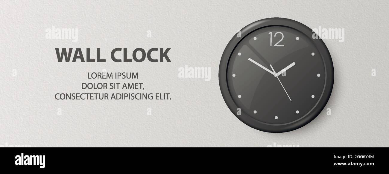 Vector 3d Realistic Black Wall horloge de bureau sur fond de mur blanc texturé. Modèle de conception, bannière avec horloge de bureau et cadran noir intérieur Illustration de Vecteur