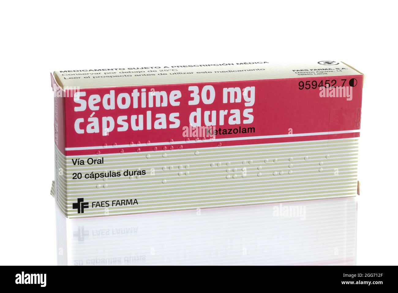 Huelva, Espagne - 28 août 2021 : boîte espagnole de la marque Sedotime de Ketazolam. Dérivé de benzodiazépine de médicament. Il possède anxiolytique, anticonvulsant, sed Banque D'Images