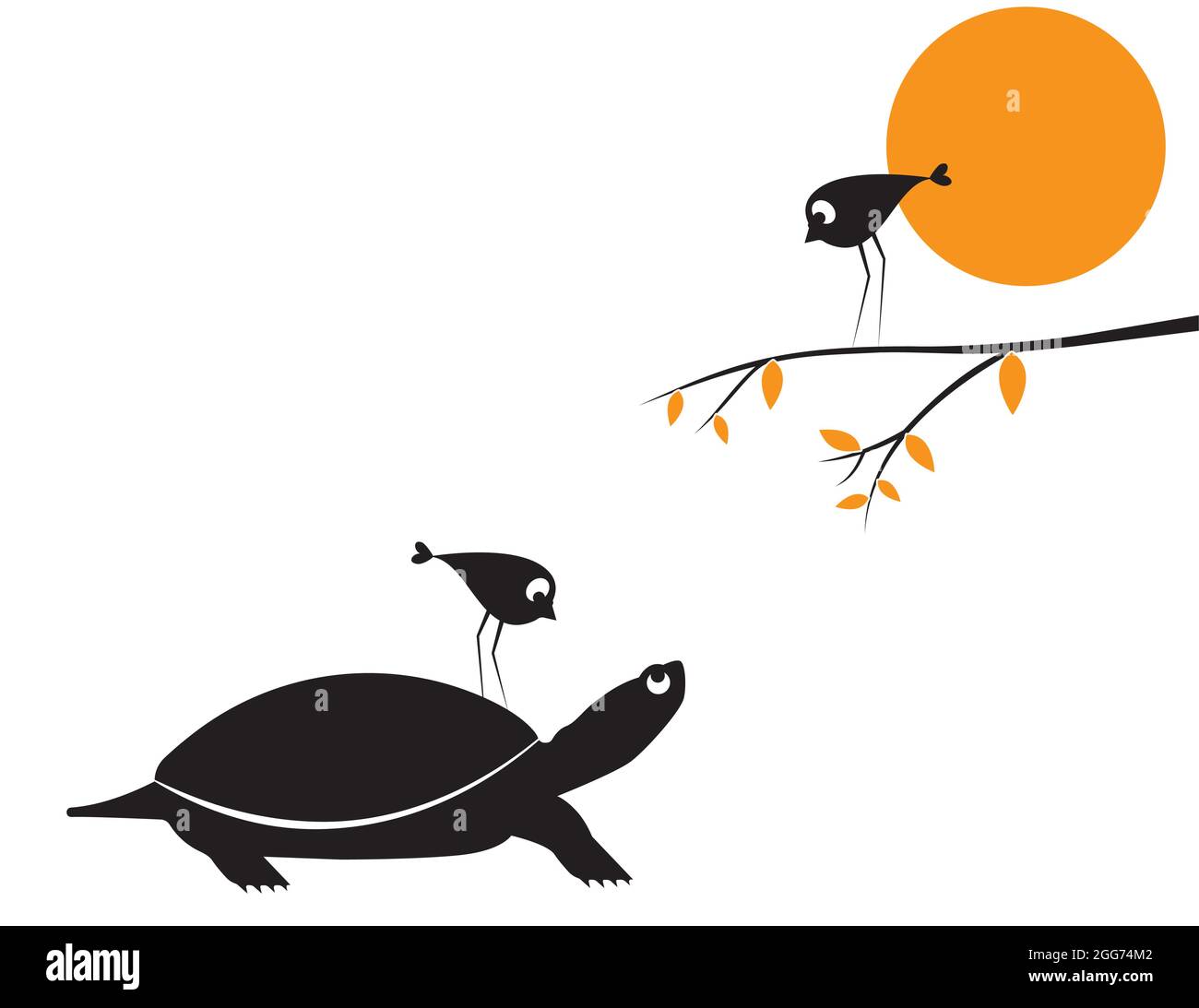 Silhouette de tortue et oiseaux sur l'illustration de branche, vecteur. Illustration de la bande dessinée des tortues et des oiseaux isolée sur fond blanc. Minimaliste puérile Illustration de Vecteur