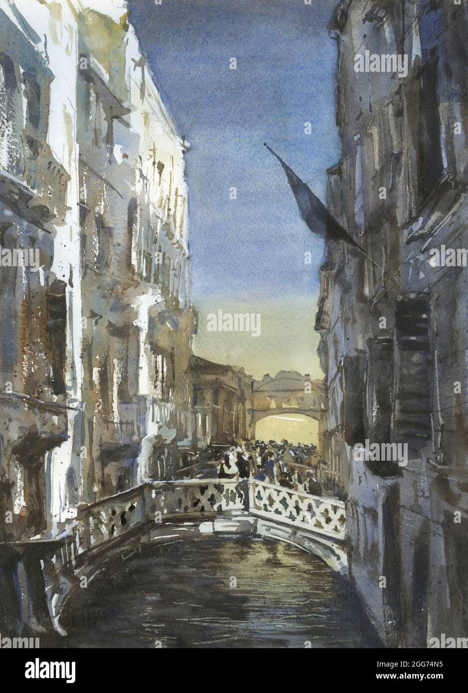 Pont des Soupirs à Venise, Italie Art. Aquarelle peinture Pont des Soupirs Venise maquette de gondole aquarelle Banque D'Images