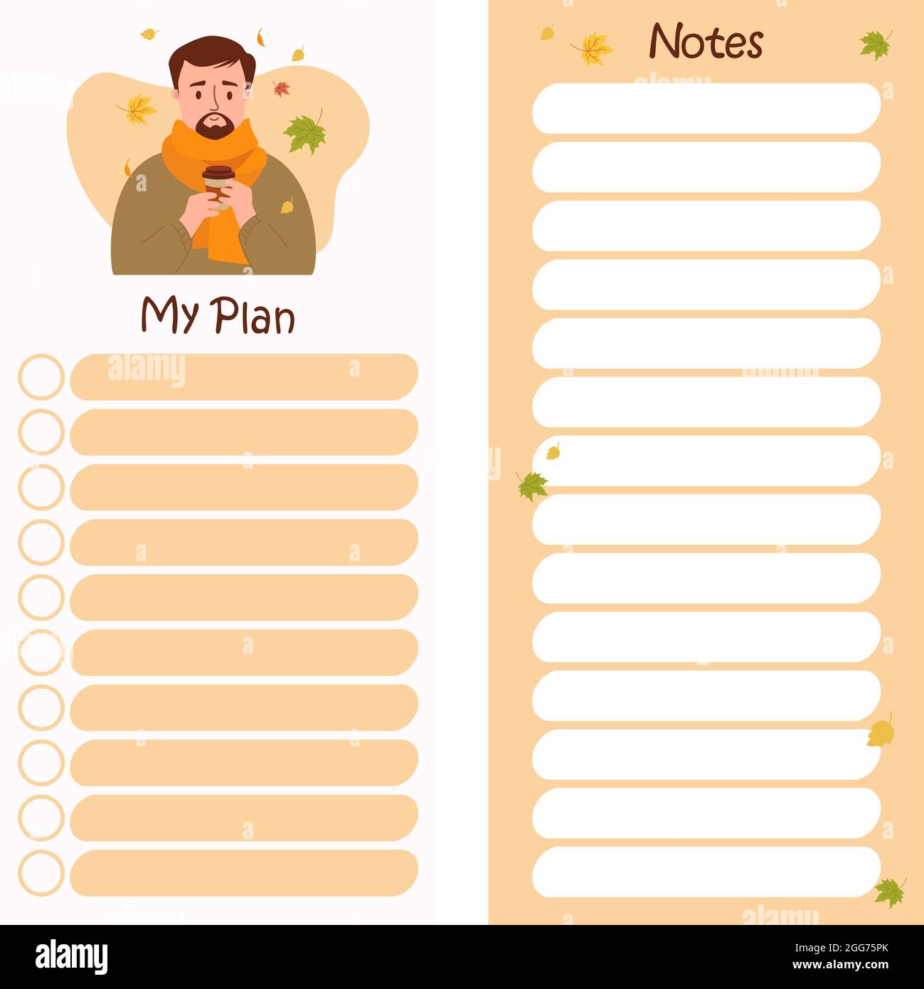 Set - le planificateur d'automne avec un homme barbu dans un foulard avec café et feuilles d'automne. Ensemble de modèles verticaux - mon plan et mes notes. Illustration vectorielle. Illustration de Vecteur
