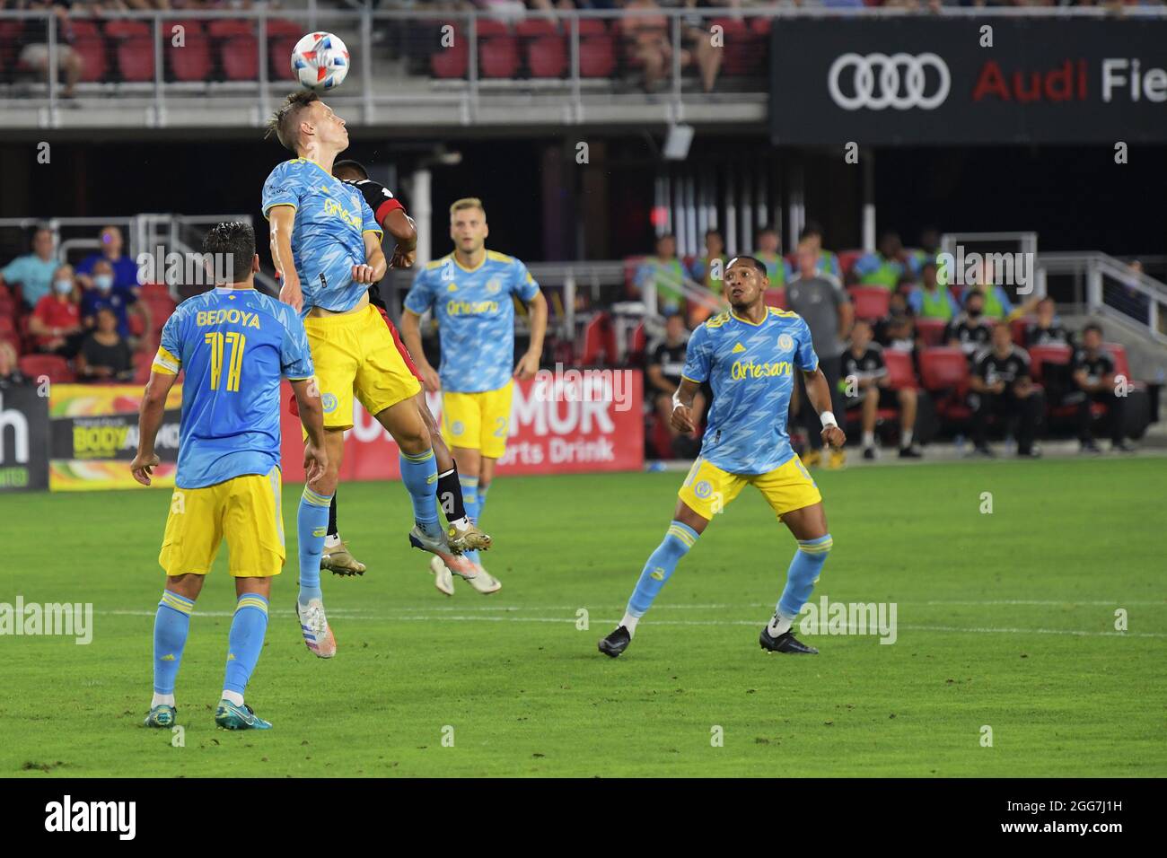 Washington, États-Unis. 28 août 2021. Joueur de Philadelphie Jack Elliot vu en action pendant le match DC United contre Philadelphie à Audi Field à Washington.final score DC United 3 Philadelphie 1 (photo de Lénine Nolly/SOPA Images/Sipa USA) Credit: SIPA USA/Alay Live News Banque D'Images