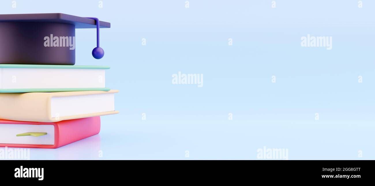 Concept d'éducation. 3d de chapeau, livre sur fond bleu. Modèle de page d'arrivée. Retour à l'école, modèle de conception de bannière. Banque D'Images
