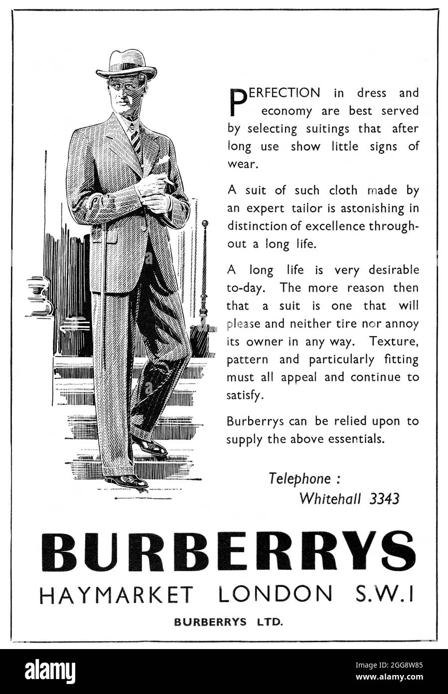 1947 publicité britannique pour les costumes pour hommes Burberrys. Banque D'Images