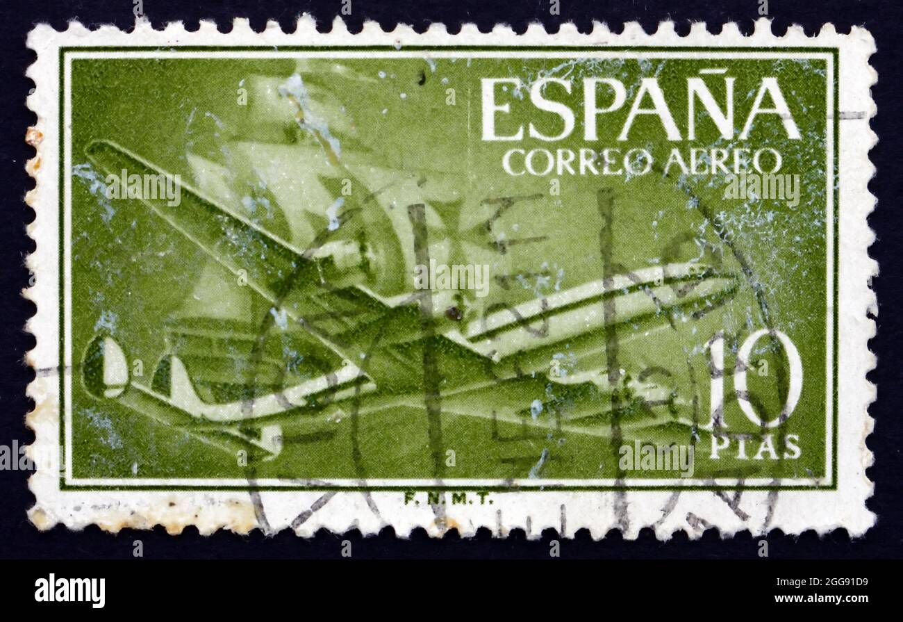 ESPAGNE - VERS 1956: Un timbre imprimé en Espagne montre avion et Caravel, vers 1956 Banque D'Images