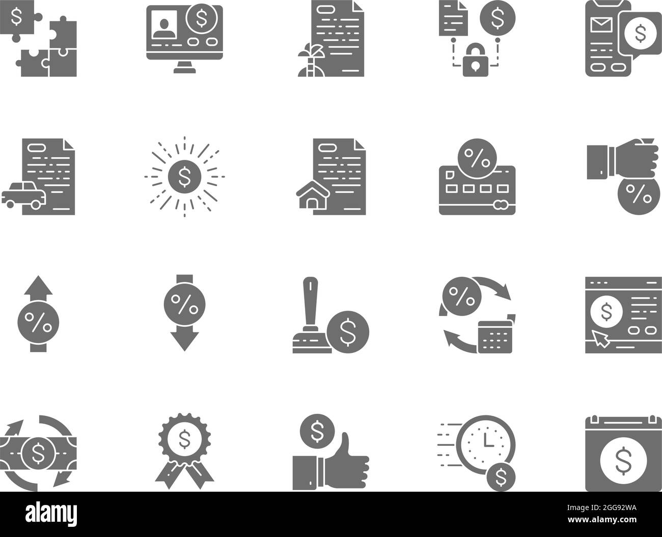 Ensemble d'icônes grises de prêt rapide. Investissement, prêt automobile, prêt hypothécaire, dépôt et plus encore. Illustration de Vecteur