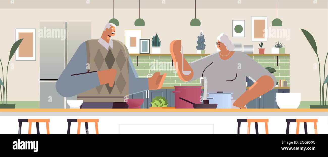 couple senior heureux préparant des aliments sains à la maison grands-parents cuisiner ensemble vieux concept Illustration de Vecteur