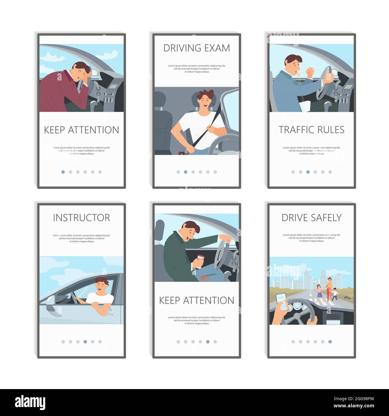 Jeune conducteur de la série concept de voiture. Écrans du kit d'interface utilisateur de cas de conduite, modèles d'applications mobiles. UX moderne, écran d'interface utilisateur pour mobile ou RE Illustration de Vecteur