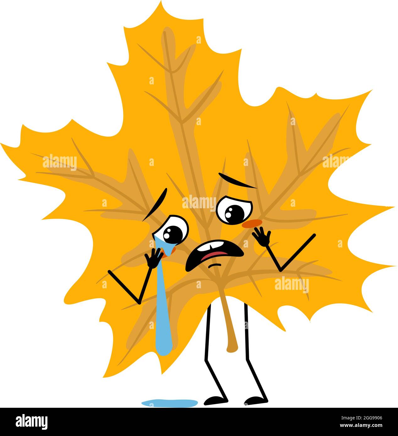 Feuille d'érable caractère avec pleurs et larmes émotion, visage triste, yeux dépressifs, bras et jambes. Plante forestière de couleur jaune d'automne Illustration de Vecteur