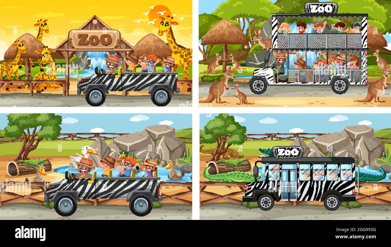 Ensemble de différentes scènes de safari avec animaux et dessins animés pour enfants illustration de caractères Illustration de Vecteur