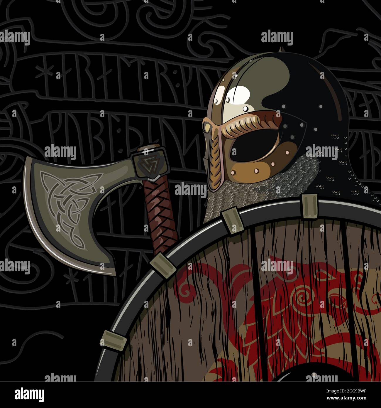 Guerrier Barbarian, Viking Berserker avec hache et bouclier Illustration de Vecteur