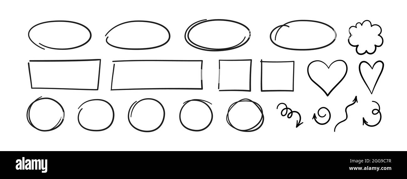 Ensemble de cercles, ovales, coeurs et flèches dessinés à la main. Mettez en surbrillance les cadres de cercle. Ellipses et flèches courbes en forme de doodle. Illustration vectorielle isolée Illustration de Vecteur