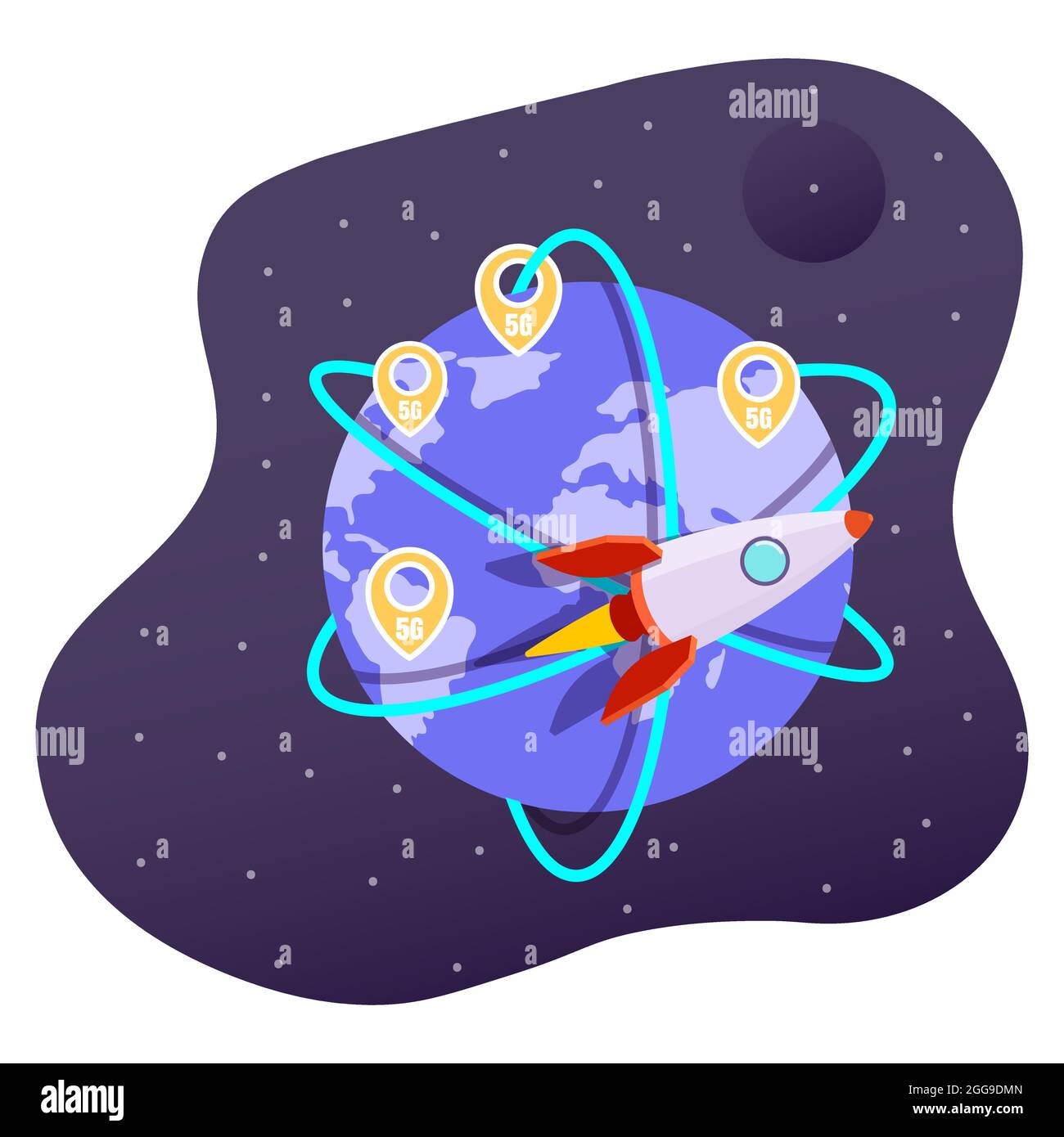 technologie de réseau sans fil 5g, internet haut débit mondial, illustration vectorielle plate. Fusée qui vole autour de la planète Terre. Illustration de Vecteur