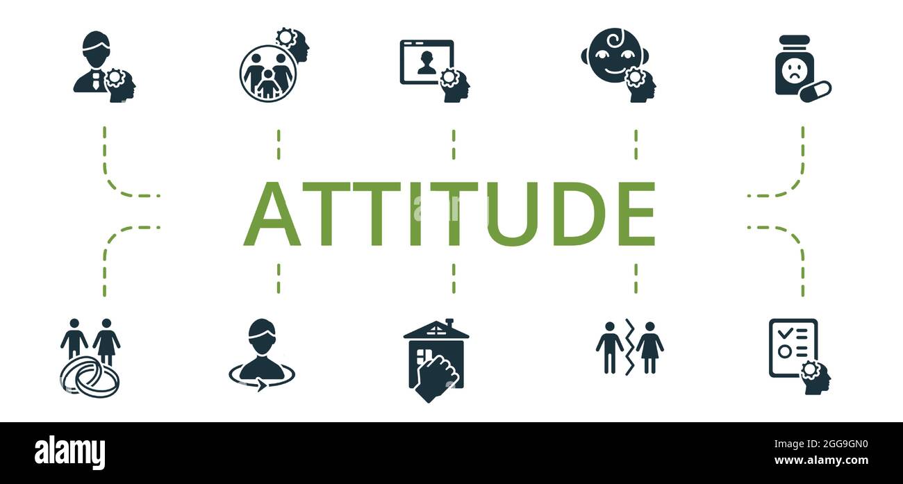 Icône attitude définie. Contient des icônes modifiables telles que le psychologue en ligne, les antidépresseurs, la violence domestique et plus encore. Illustration de Vecteur