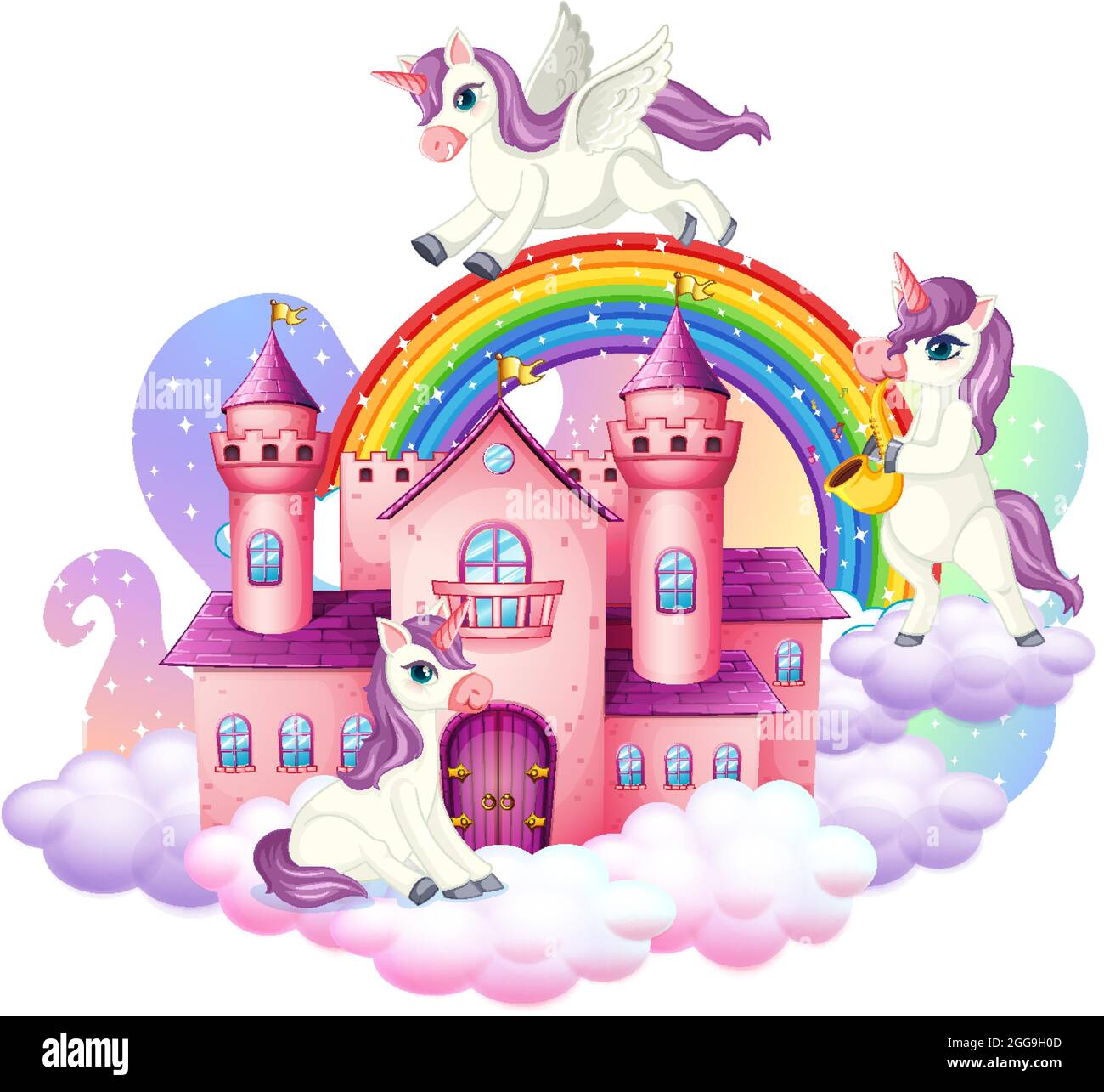 Beaucoup de personnages de dessin animé de licorns mignons avec château