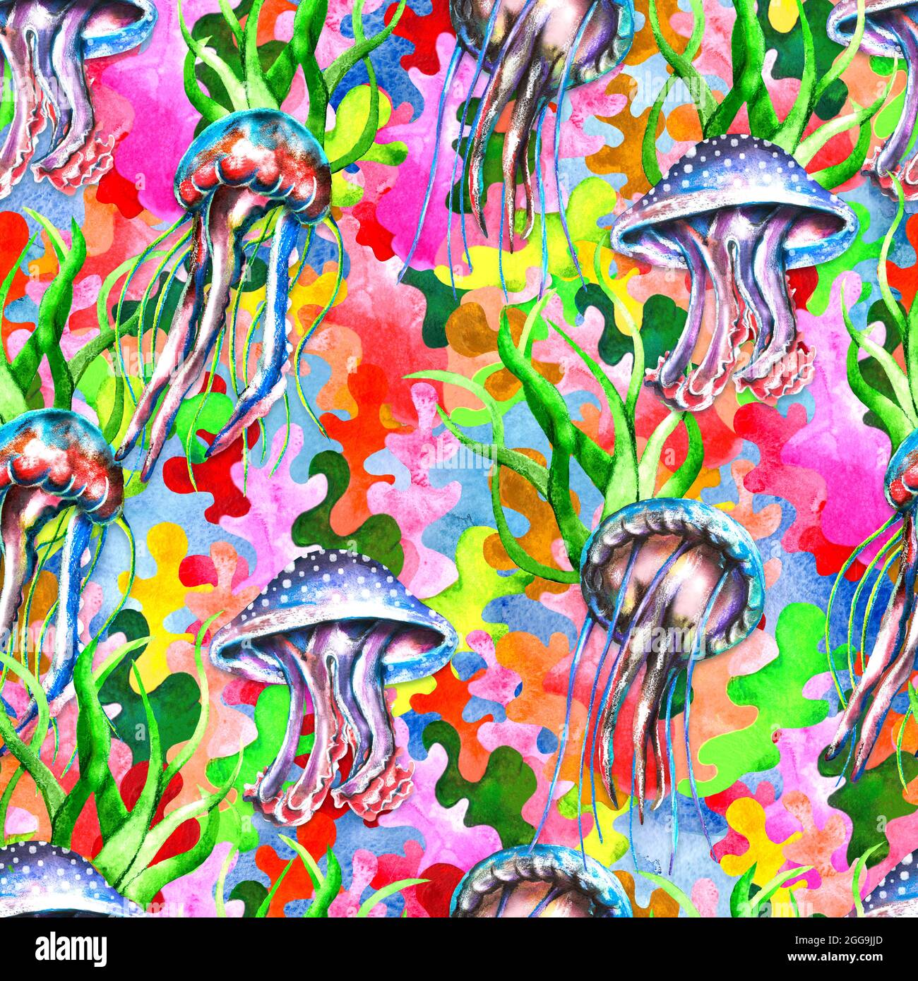 Motif aquarelle de méduses et d'algues sans couture, papier numérique arc-en-ciel, arrière-plan coloré et lumineux Banque D'Images
