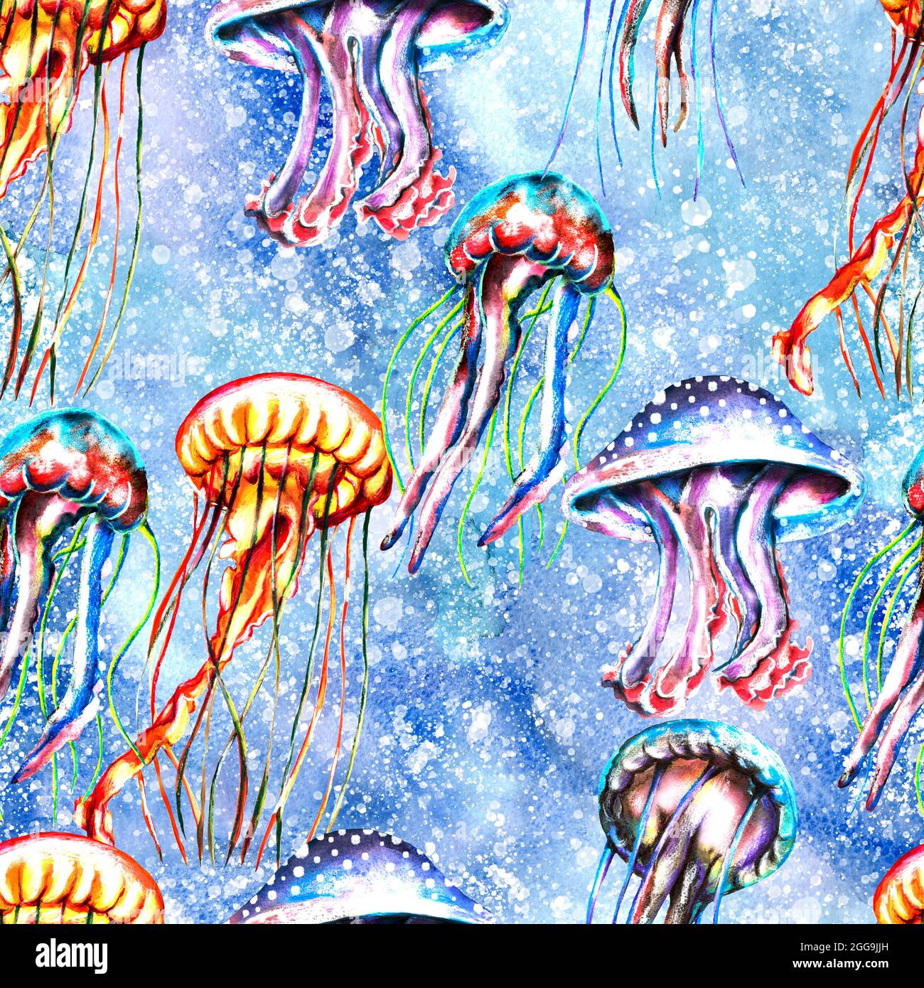 Motif aquarelle de méduses et d'algues sans couture, papier numérique arc-en-ciel, arrière-plan coloré et lumineux Banque D'Images