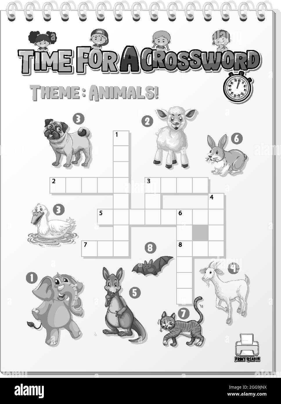 Modèle de jeu de puzzle à mots croisés sur l'illustration des animaux Illustration de Vecteur