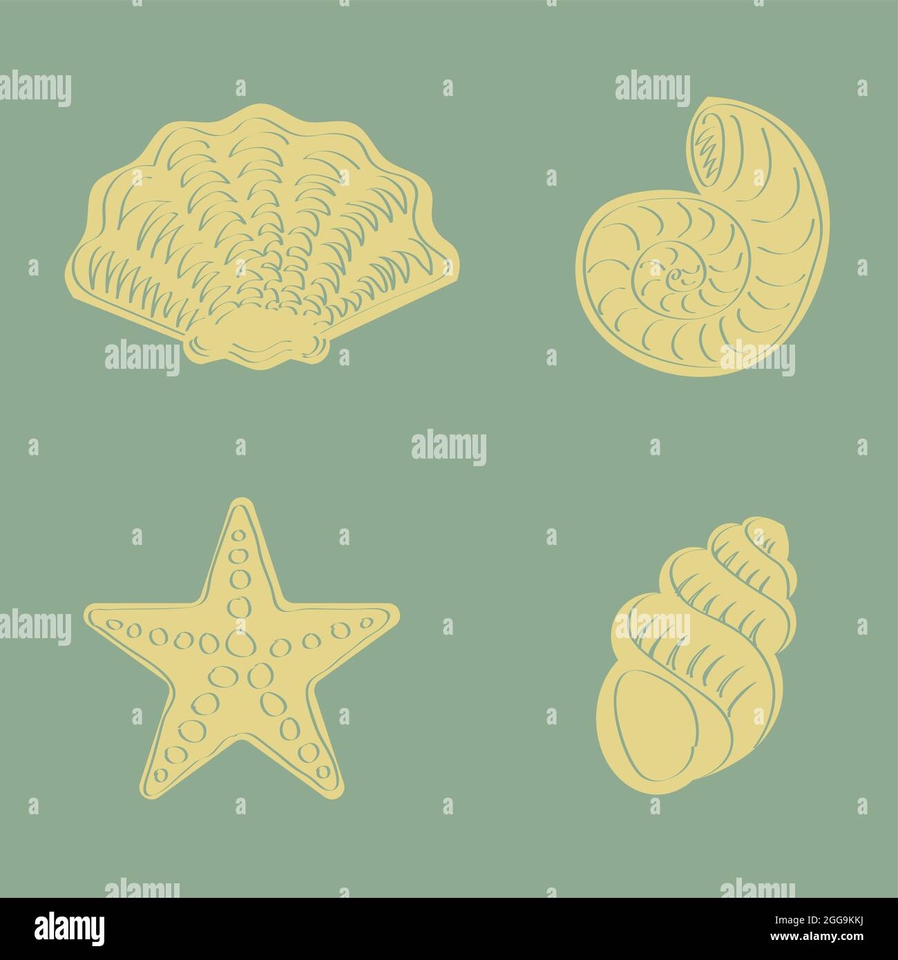 Ensemble de dessin à la main créatures de mer coquillages et étoiles de mer dans le contour et le style plat Illustration de Vecteur