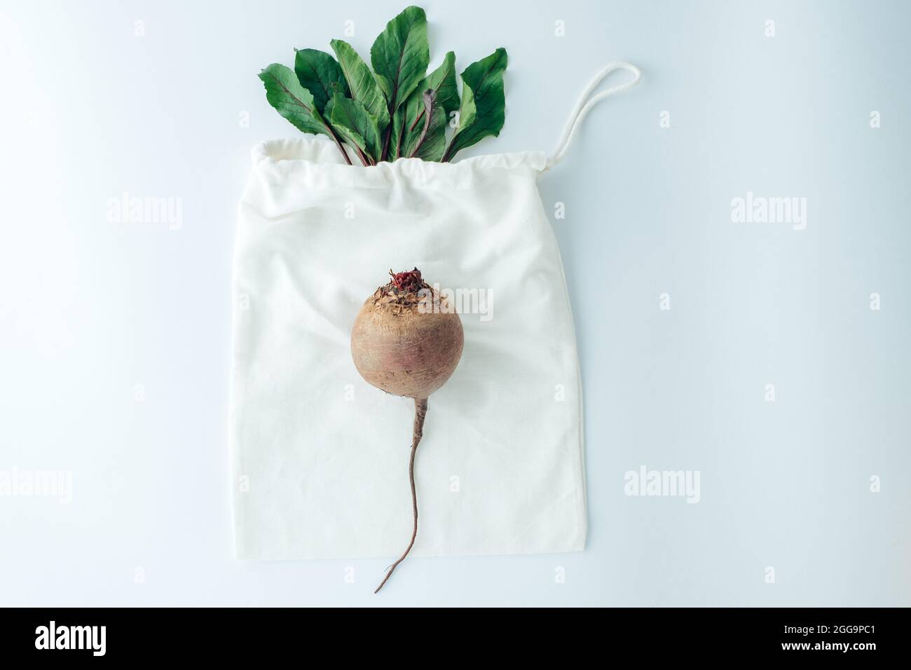 Des betteraves rouges sur fond blanc. Concept créatif de sacs écologiques et de sauver le monde des déchets plastiques. Photo de haute qualité Banque D'Images