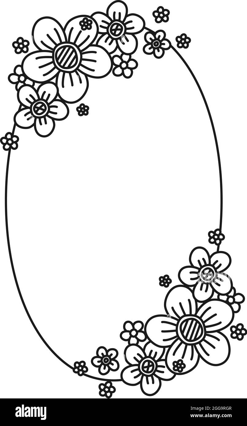 Cadre de fleur ovale noir et blanc avec espace de copie. Bordure décorative pour carte-cadeau faite main. Page de coloriage pour adultes et enfants. Illustrateur de vecteur Illustration de Vecteur