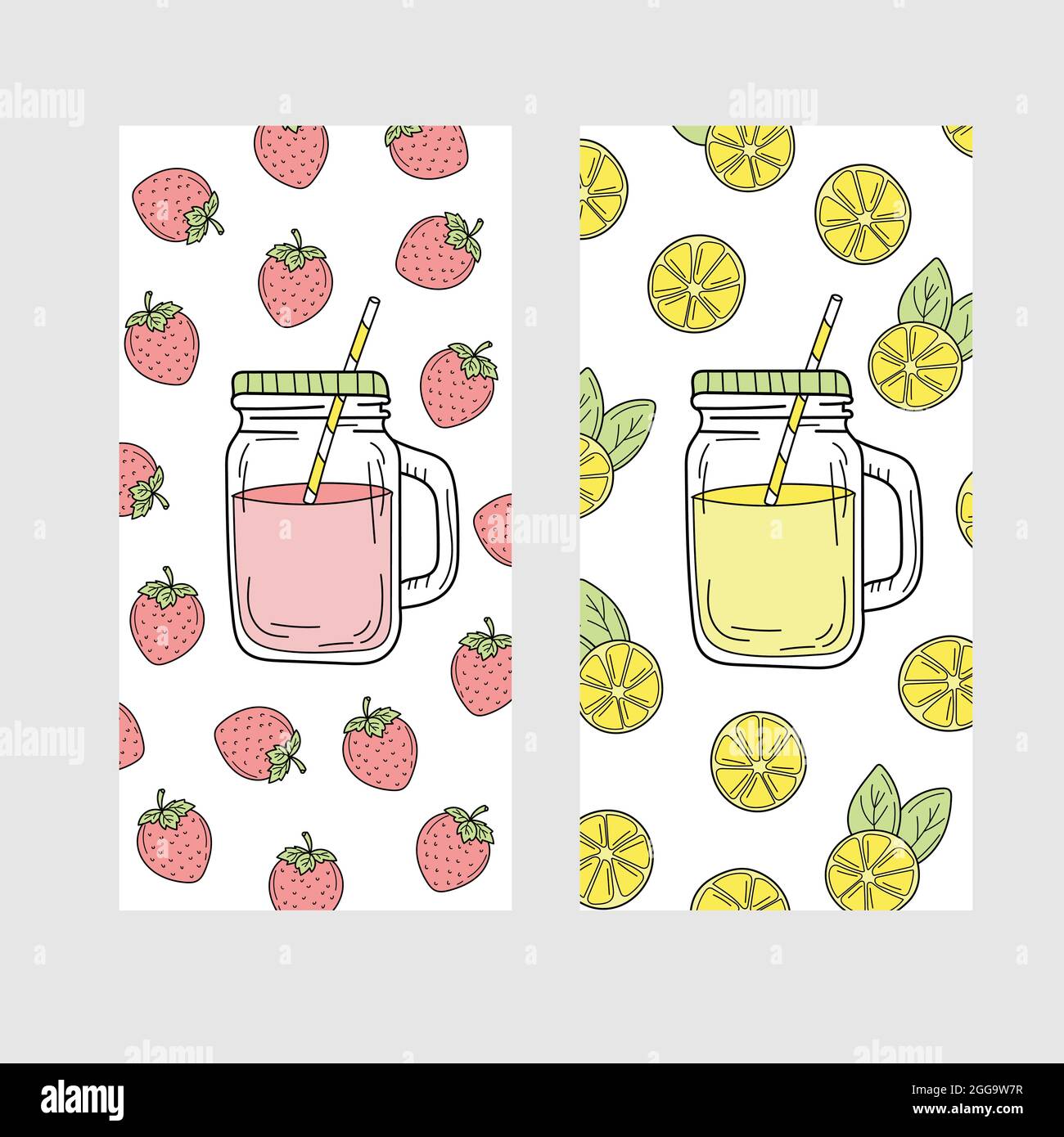 Ensemble mignon de cartes d'été lumineuses avec boissons. Limonade au citron et aux fraises et smoothies. Illustration de Vecteur