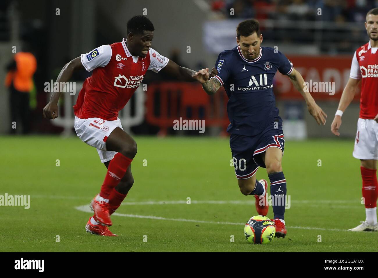 Lionel Messi lors du championnat français Ligue 1 match de football entre le Stade de Reims et Paris Saint-Germain le 29 août 2021 au stade Auguste Delaune à Reims, France - photo Mehdi Taamallah / DPPI Banque D'Images