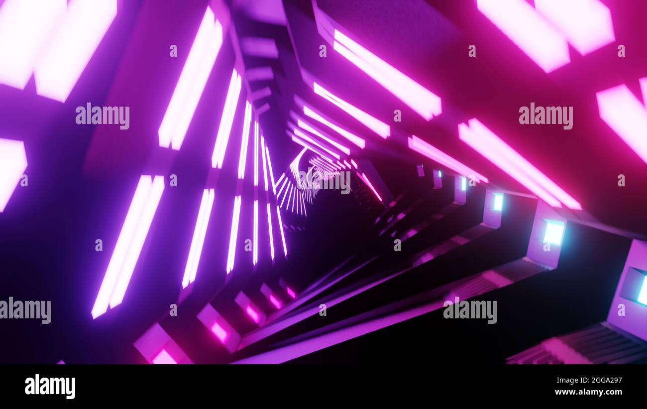 Illustration 3d de l'arrière-plan géométrique abstrait, lumière ultraviolette fluorescente, tunnel au néon lumineux, éclairage coloré moderne, rendu 3d Banque D'Images