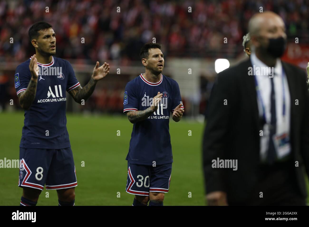 Lionel Messi lors du championnat français Ligue 1 match de football entre le Stade de Reims et Paris Saint-Germain le 29 août 2021 au stade Auguste Delaune à Reims, France - photo Mehdi Taamallah / DPPI Banque D'Images