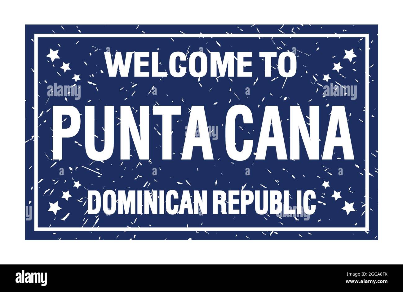 BIENVENUE À PUNTA CANA - RÉPUBLIQUE DOMINICAINE, mots écrits sur le drapeau rectangle bleu Banque D'Images