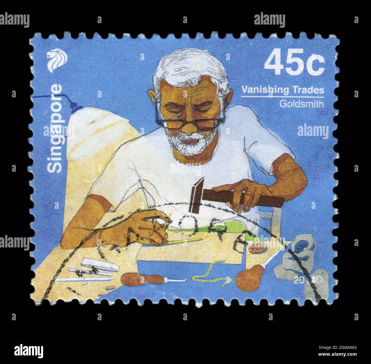 Le timbre imprimé à Singapour montre l'image du Goldsmith, vers 2014. Banque D'Images
