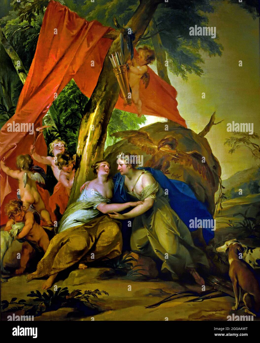 Jupiter déguisé comme Diana séduit le nymphe Callisto, (le dieu suprême romain Jupiter s'est déguisé pour séduire une vierge. Comme berger Mnemosyne le tribunal. Dans l'autre tableau, il pose comme la déesse de chasse Diana pour charmer son disciple Callisto.) (Écrivain romain Ovidius Ovid ) Jacob de Wit, 1695-1754, Néerlandais, pays-Bas. Banque D'Images