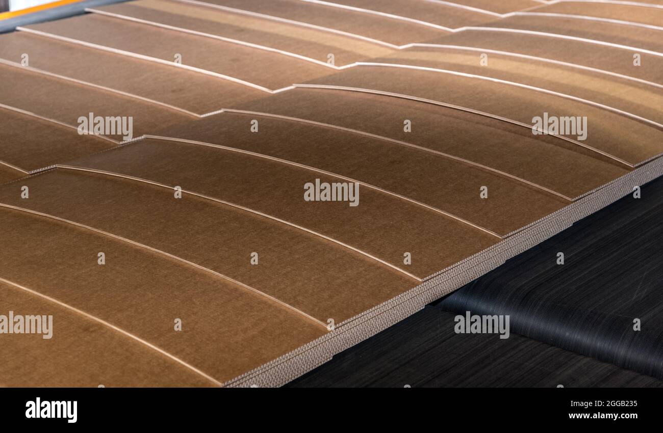 Le papier est converti en carton ondulé composé de plusieurs couches ondulées et plates. Ce produit final est utilisé pour l'emballage Banque D'Images