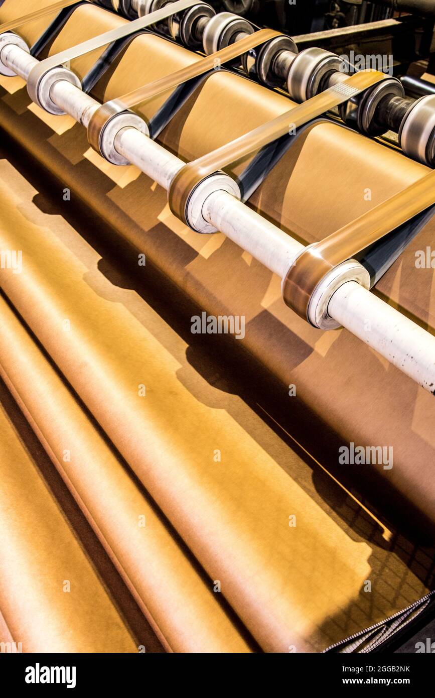 Le papier est converti en carton ondulé composé de plusieurs couches ondulées et plates. Ce produit final est utilisé pour l'emballage Banque D'Images