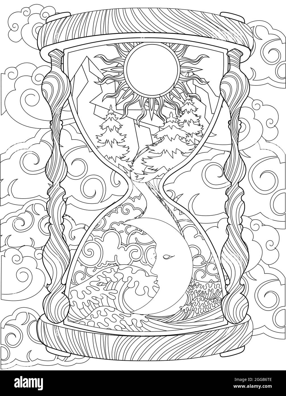 Ancien dessin de sablier montrant le soleil et la lune à l'intérieur entouré de nuages. Le dessin de la ligne d'horloge de sable ancien apparaît jour et nuit entouré de fort Illustration de Vecteur