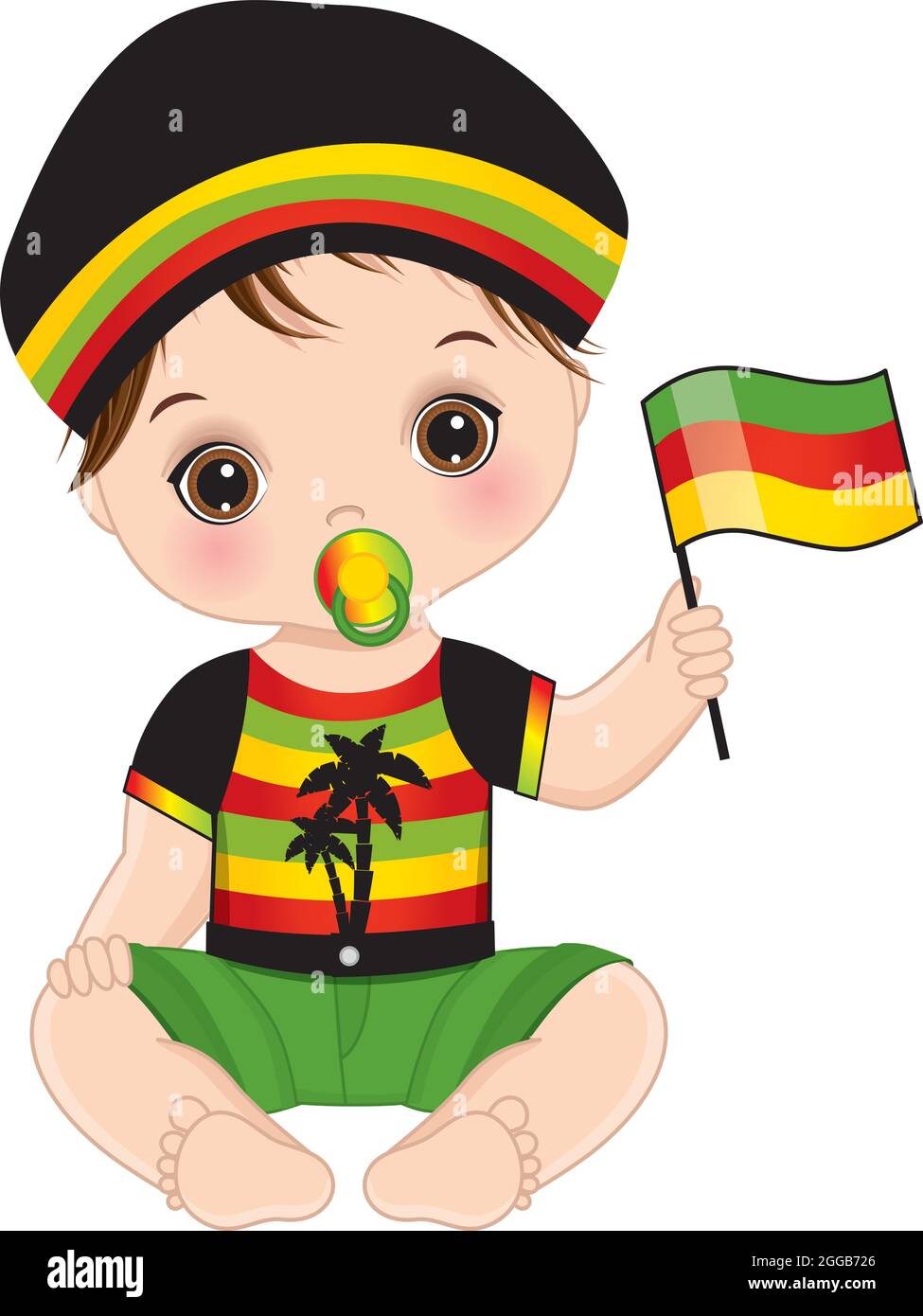 Joli petit Reggae Baby Boy avec sucette Hold Flag. Vector Reggae Baby Boy Illustration de Vecteur