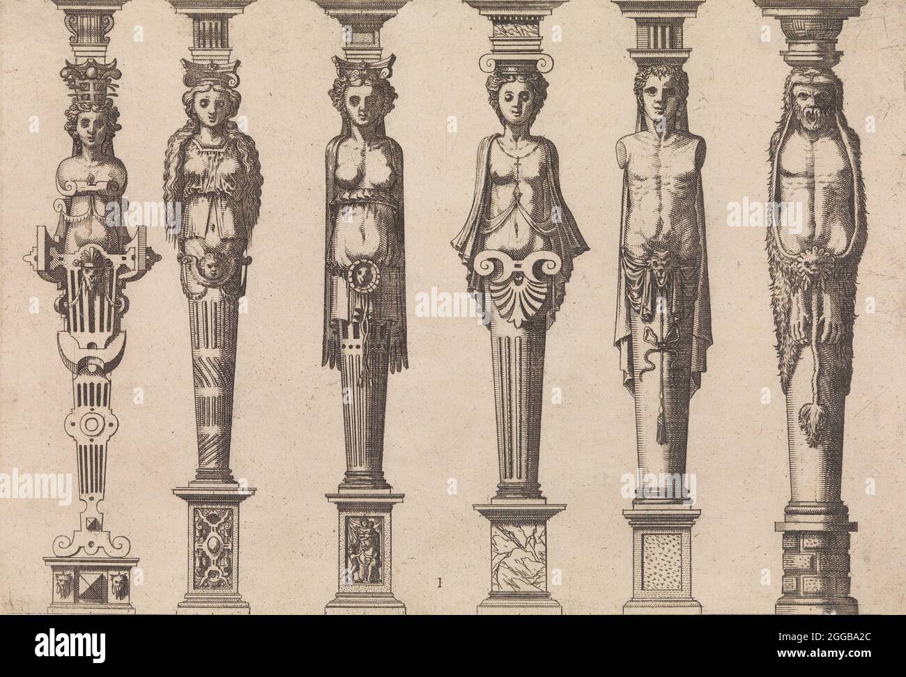 Six hermes, quatre femelles et deux mâles, avec Hercules à l'extrême droite, env. 1565. Plaque 1, de Caryatidum [...] sive Athlantidum multiformium ad quemlibet Architecture ordinem Accommodatarum centuria prima [...], un travail sur les ordres architecturaux du 1er siècle. Banque D'Images