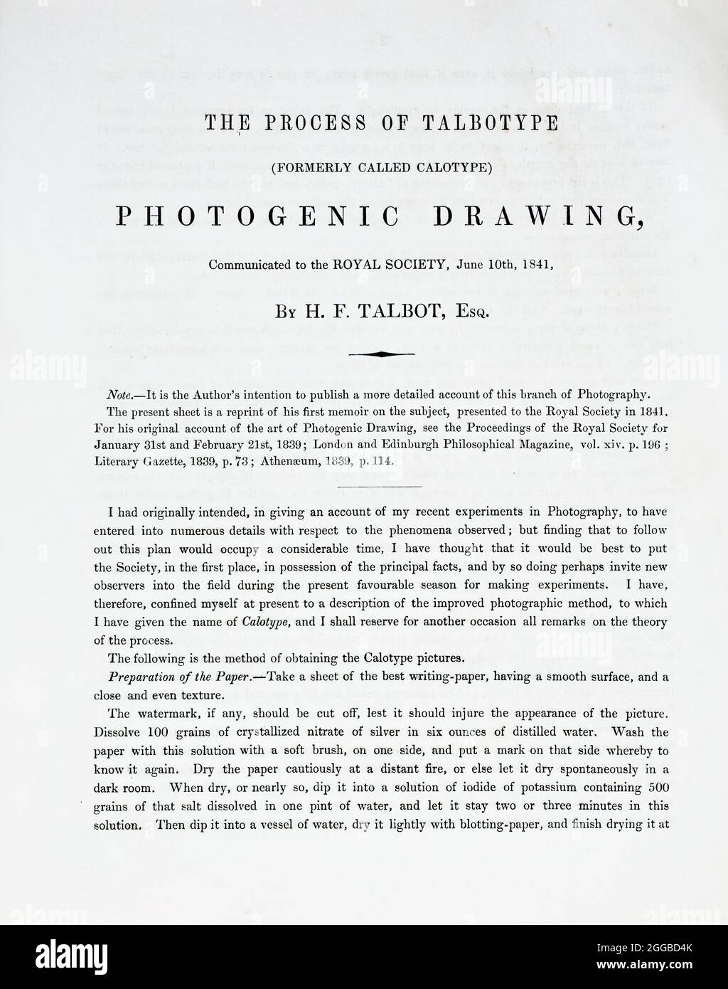 Le processus de dessin photogénique Talbotype (anciennement appelé Calotype), communiqué à la Société royale, le 10 juin 1841. Une œuvre composée de quatre pages de texte non consolidé (environ 2500 mots), imprimée par j. &amp; h. cox brothers. Photo Stock