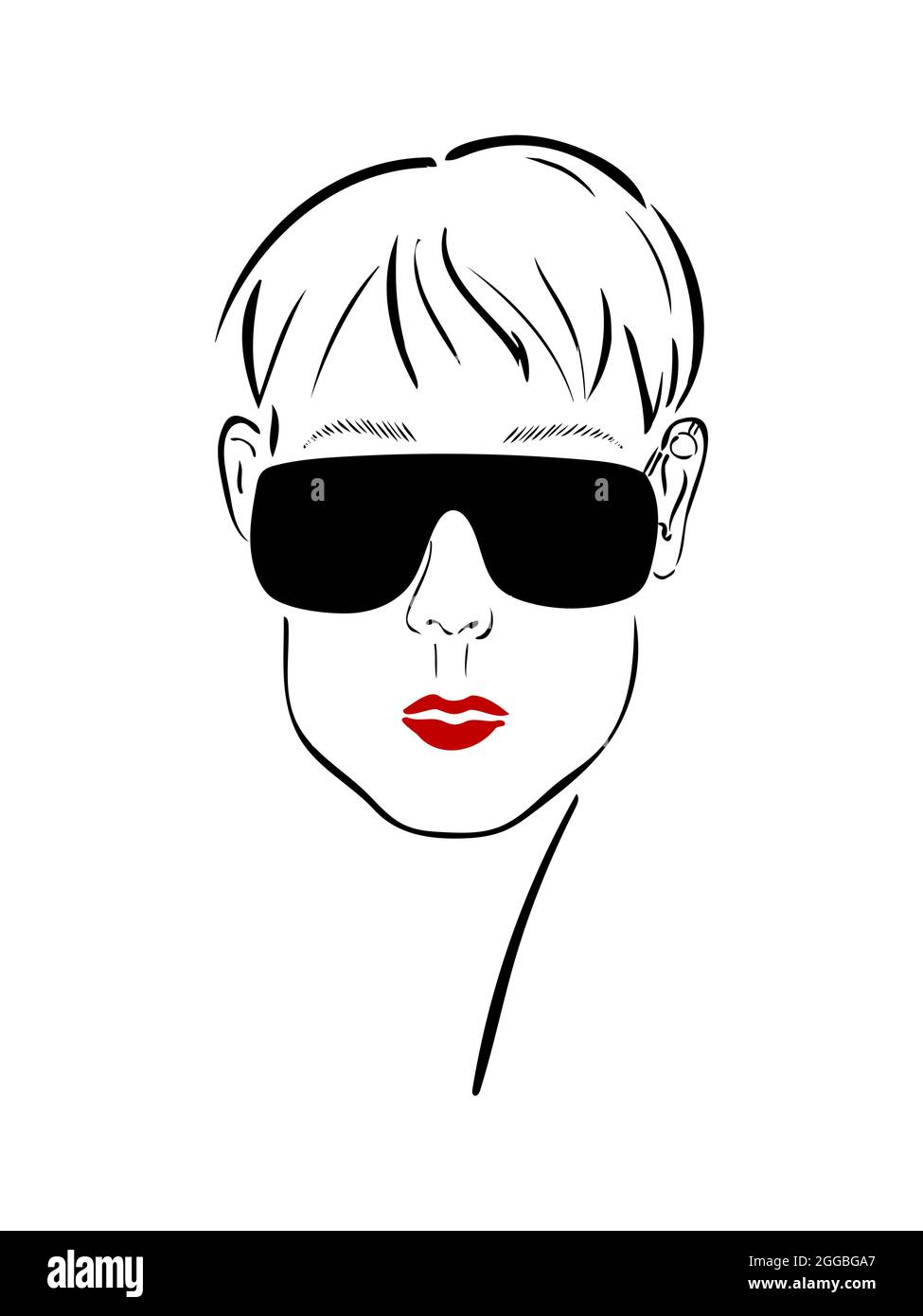 Visage graphique d'une fille en lunettes avec un contour d'oreille cartilagineux et des lèvres rouges. Dessin vectoriel d'une esquisse de mode. Illustration de Vecteur