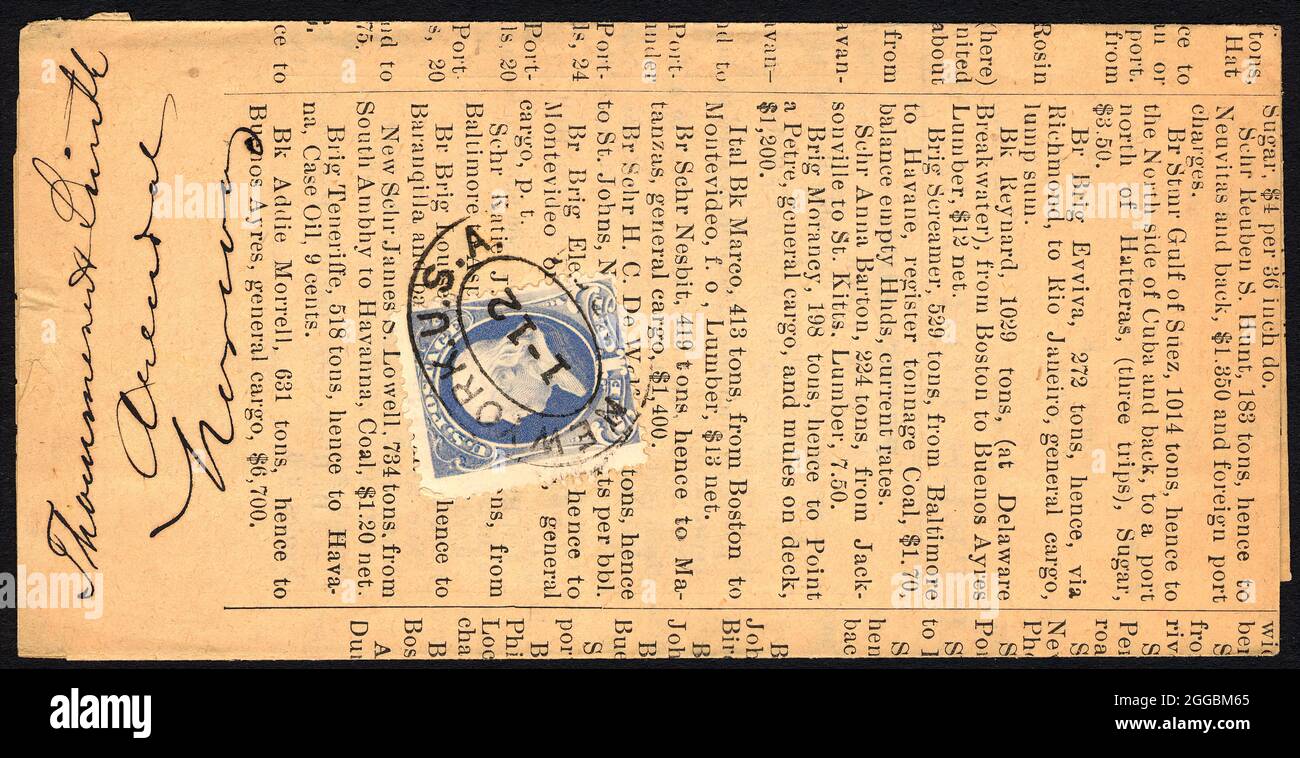1c Franklin couverture tarifaire des produits imprimés, 12 janvier 1884. Benham et Boyersen Weekly Freight Report, New York, 12 janvier 1884. Banque D'Images