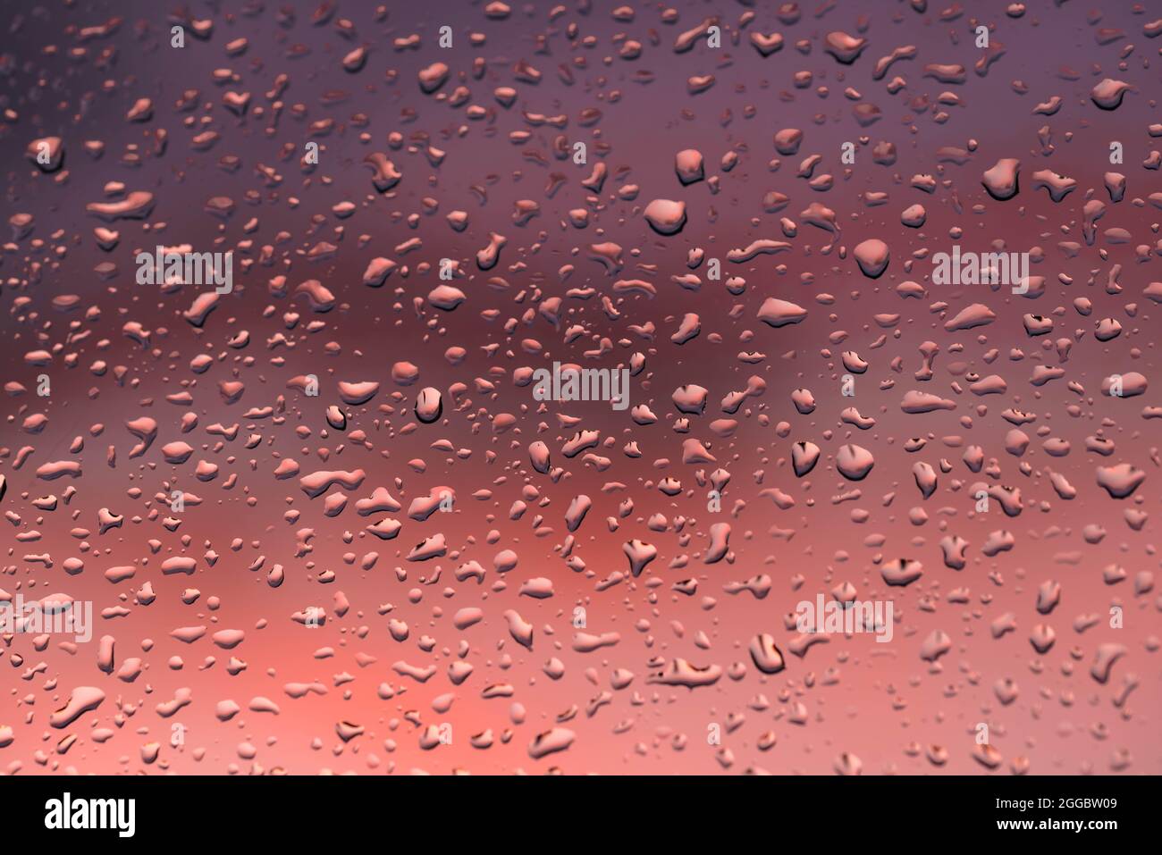La vitre est recouverte de gouttes d'eau après la pluie. À l'extérieur de la fenêtre, le ciel rouge du soir. Banque D'Images
