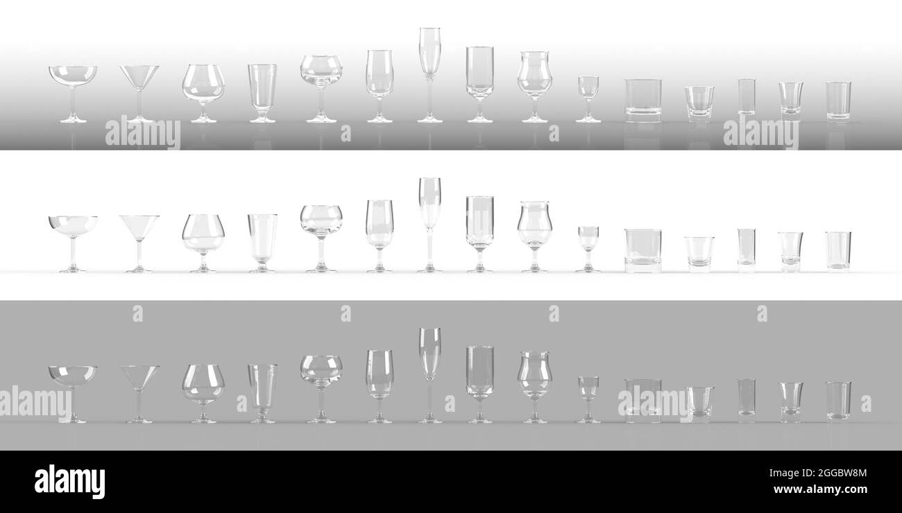 Une gamme de verres de bar vides allant des verres à vin et à cocktail aux verres à dose, rendus en 3d sur fond blanc, gris et dégradé. Banque D'Images