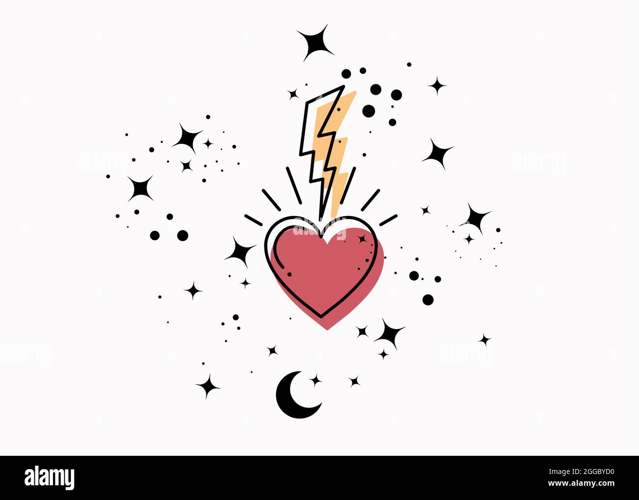 Symbole mystique du Sacré coeur espace ésotérique étoiles et foudre. Étiquette colorée style boho logo en noir contour tattoo icône. Affiche de style vintage Illustration de Vecteur