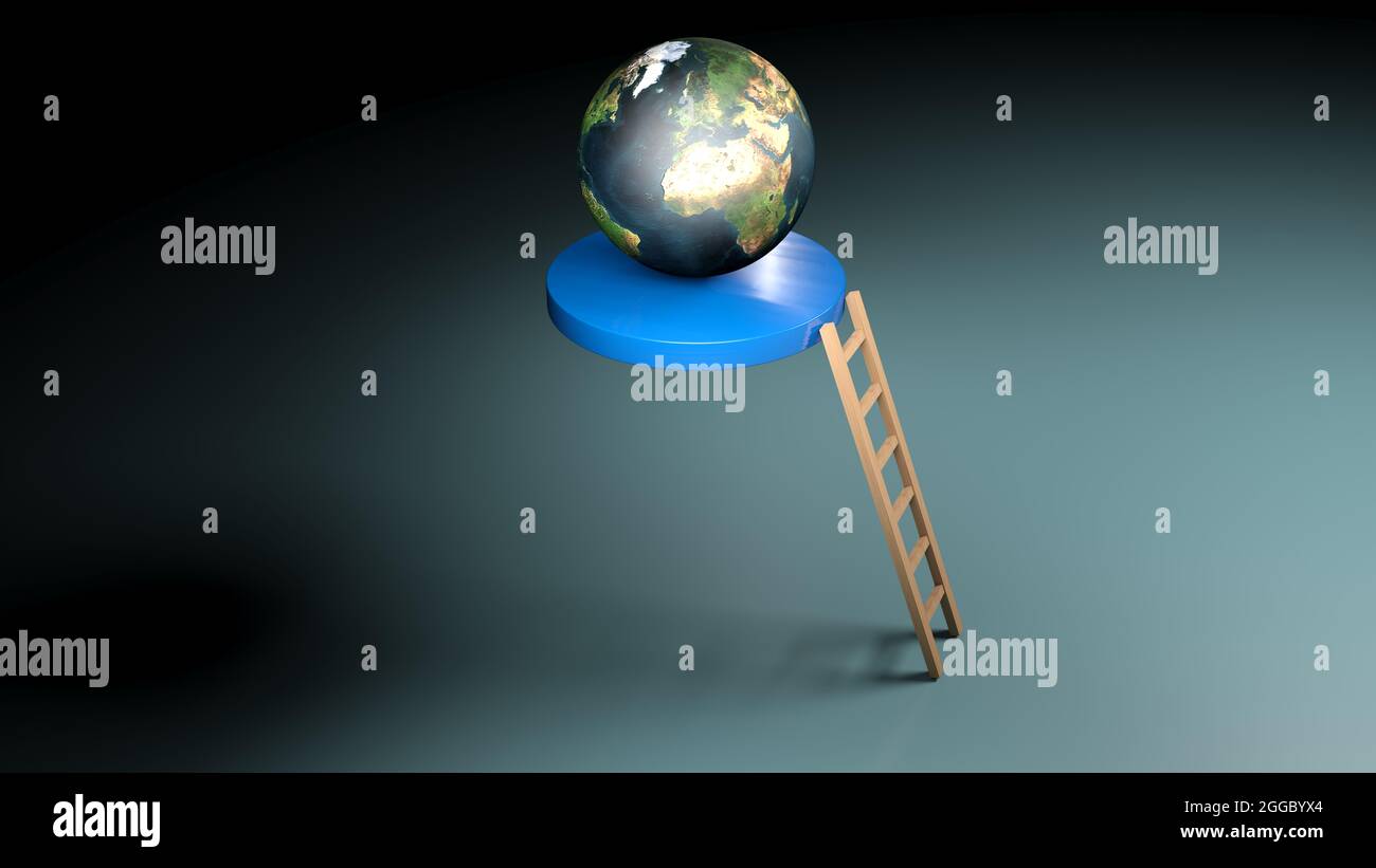 Planète Terre sur une plate-forme bleue volante et une échelle en bois pour l'atteindre - illustration de rendu 3D Banque D'Images