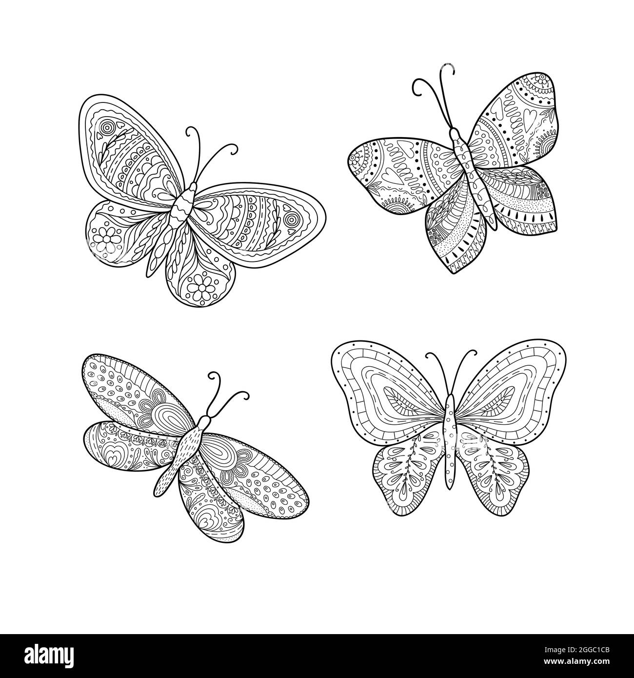 Papillons ensemble simple main dessin vectoriel illustration noir et blanc, page de coloriage pour la détente et la méditation Illustration de Vecteur