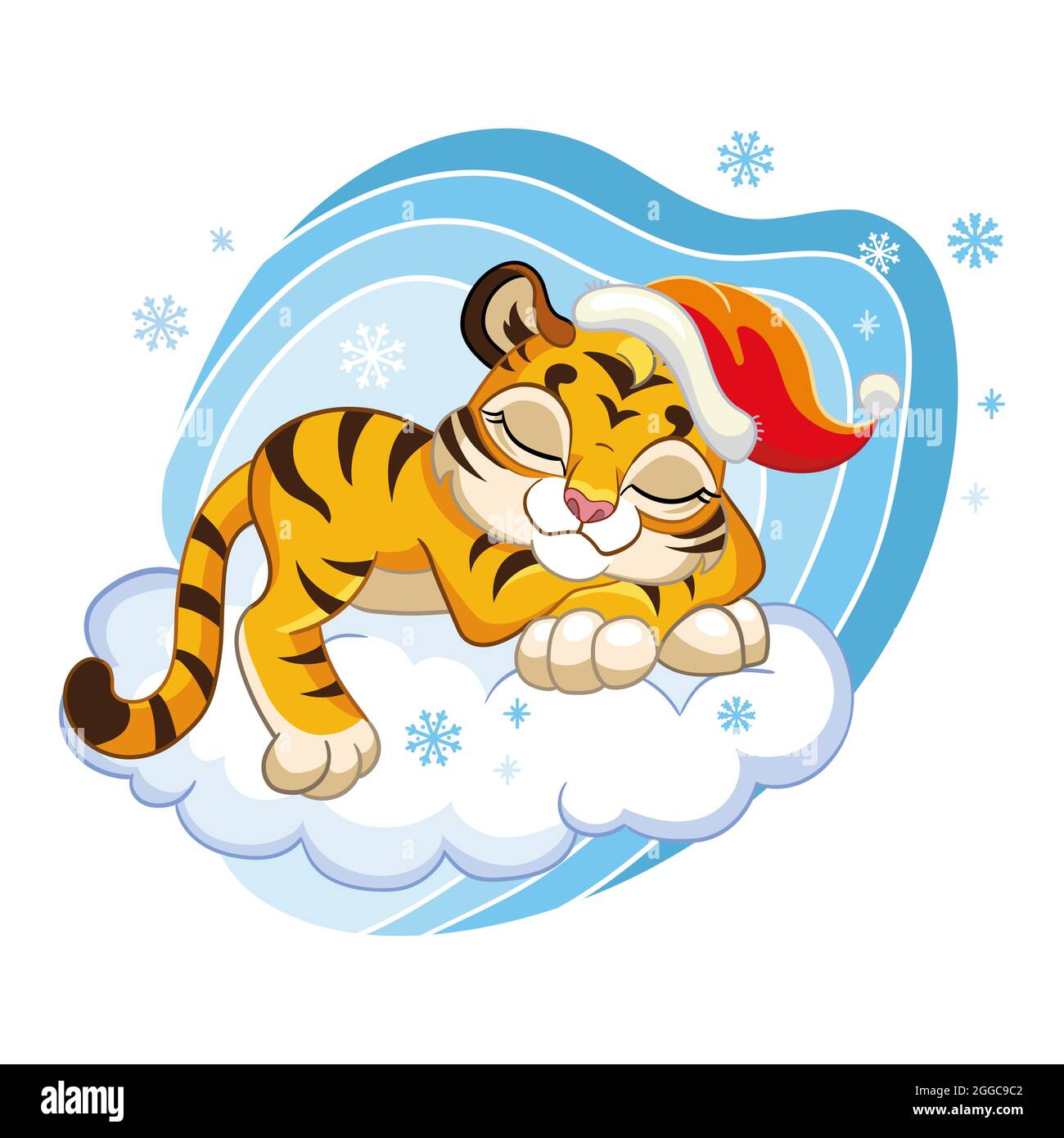 Mignon dessin animé caractère mignon tigre cub dormir sur un nuage dans un  chapeau de Noël avec flocons de neige. Illustration vectorielle isolée.  Pour l'impression, le design, la publicité Image Vectorielle Stock -