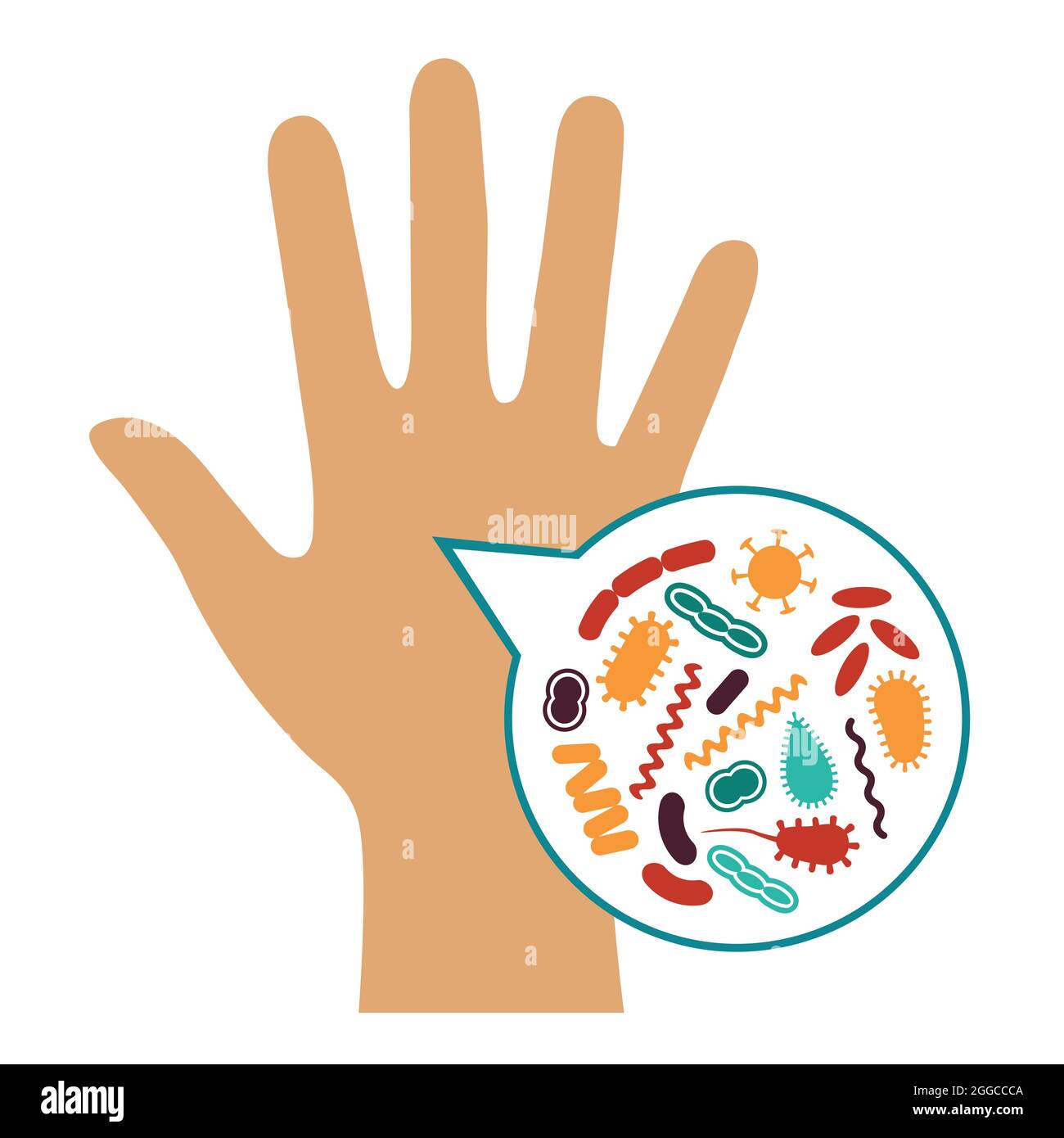 Loupe et cellules bactériennes sur la paume humaine Illustration de Vecteur