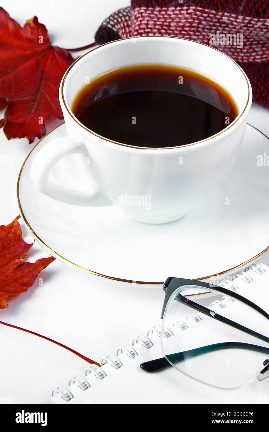 Un tissu écossais à carreaux chaud et une tasse de café expresso chaud sur fond blanc. Concept Hello Autumn. Des feuilles rouges tombées et des boissons par temps froid. Copier la flèche Banque D'Images