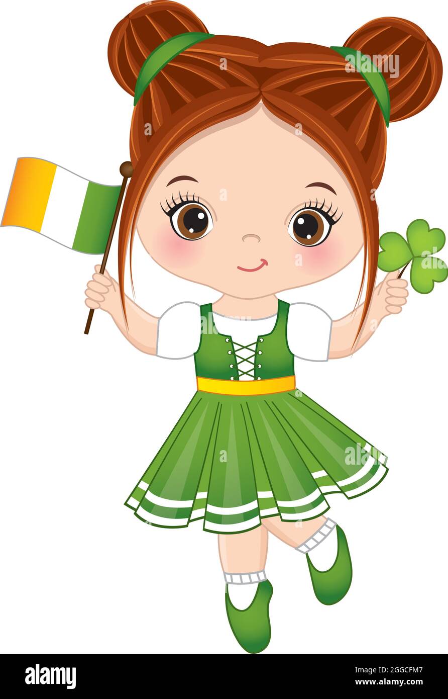 Jolie petite fille célébrant la fête de Saint-Patrick, drapeau d'Irlande et Shamrock. Journée Vector Saint Patrick Illustration de Vecteur