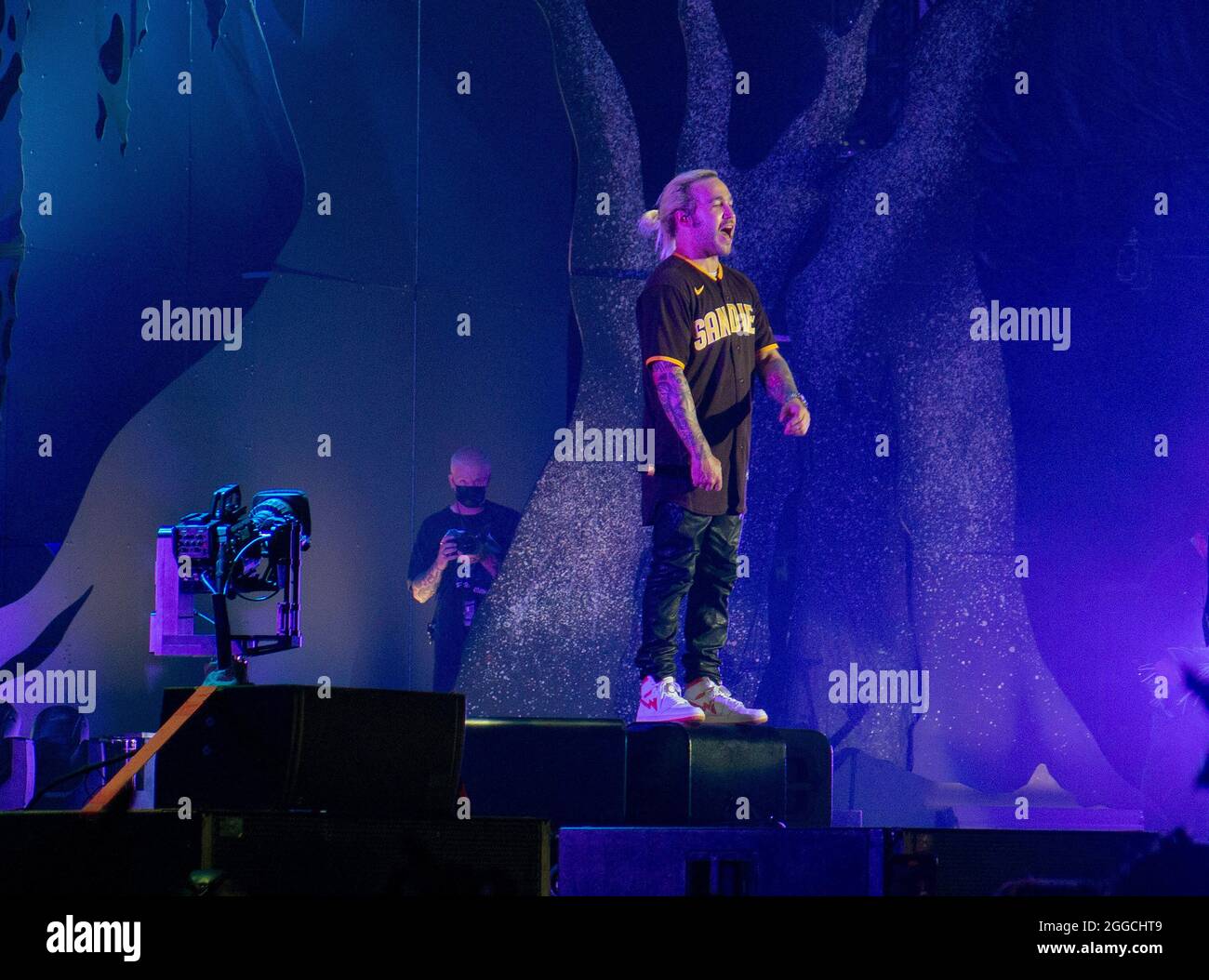 29 août 2021, San Diego, Californie, États-Unis: Pete Wentz du groupe de rock Fall Out Boy se produit en direct lors d'un concert lors de la Hella Mega Tour à Petco Park. Les groupes Weezer et Green Day se sont également produits. (Image de crédit : © K.C. Fil de presse Alfred/ZUMA) Banque D'Images